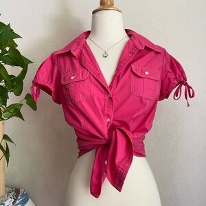 Tommy Hilfiger Preppy hot pink puff sleeve button up shirt